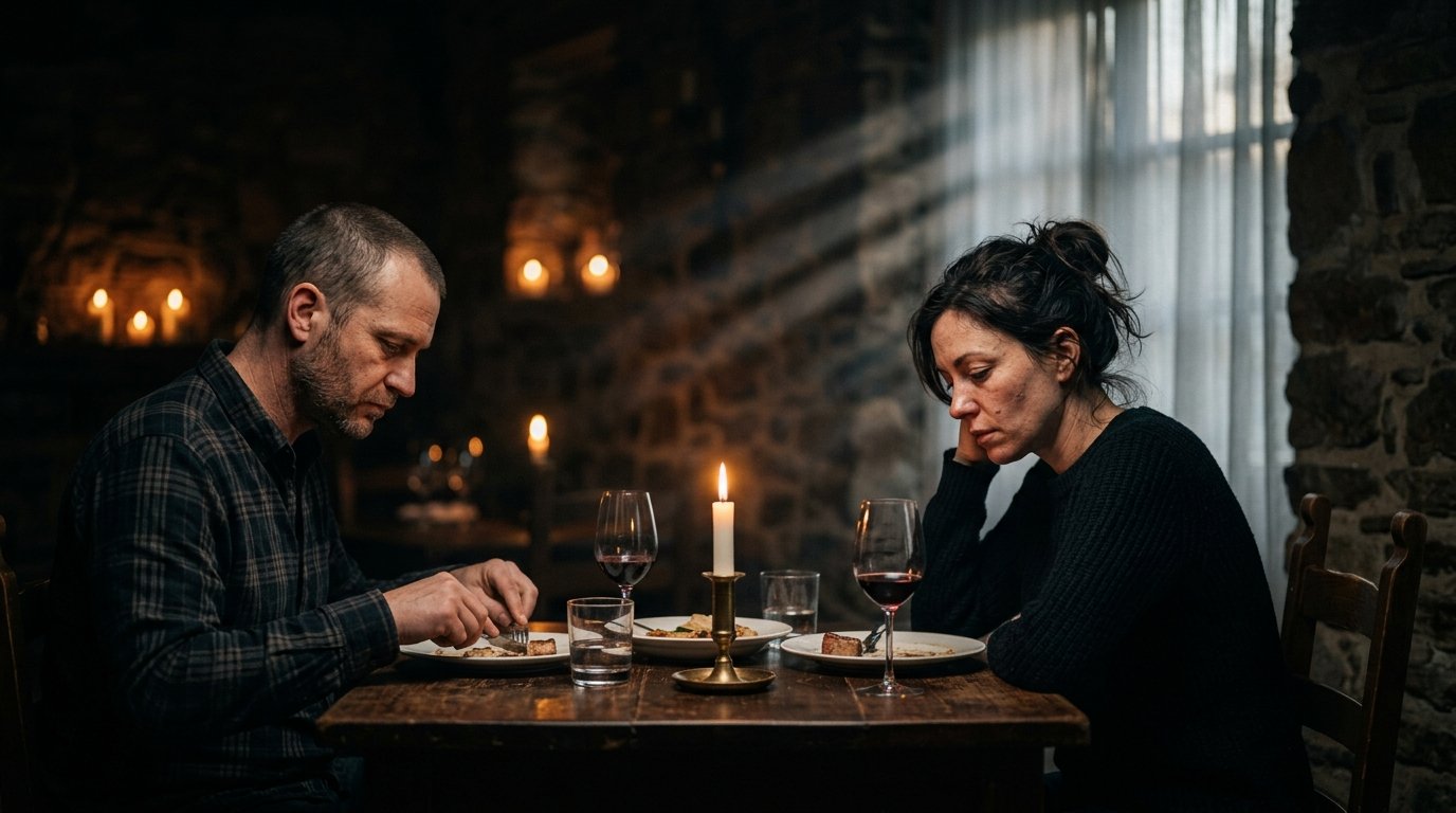 Casal em silêncio durante um jantar à luz de velas