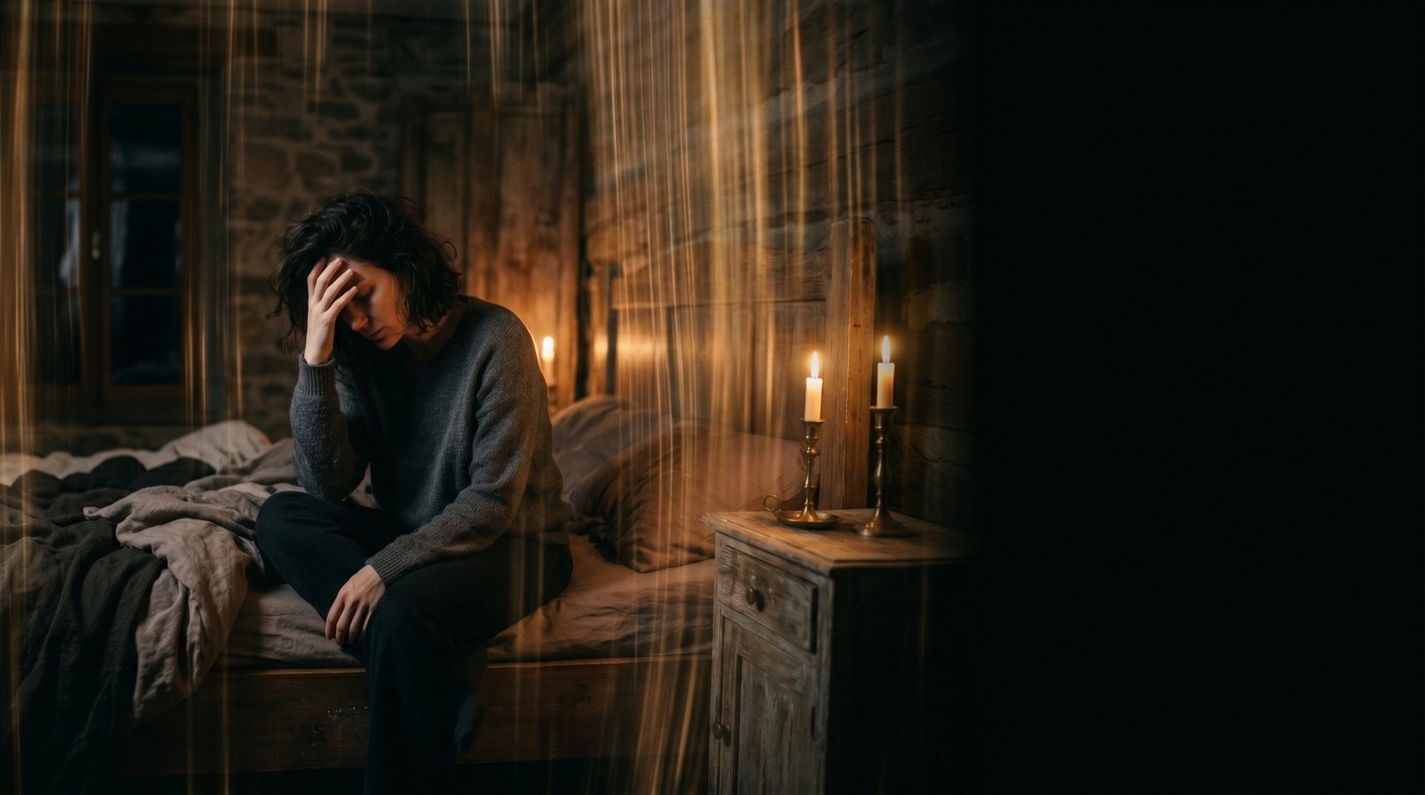 Mulher sentada na beira da cama, à luz de velas, em um quarto rústico, com expressão de cansaço afetivo e introspecção.